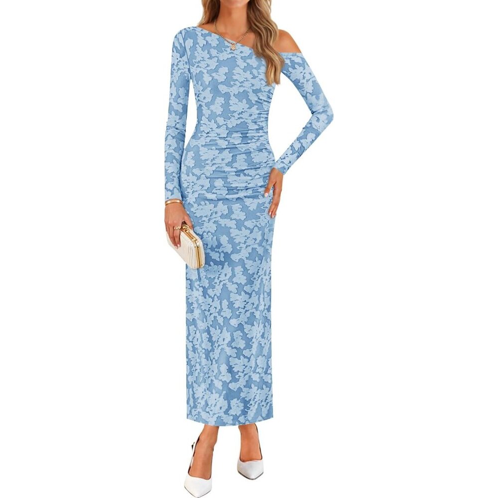 Women's Floral Off Shoulder Maxi Dress Long Sleeve Ruching Bodycon